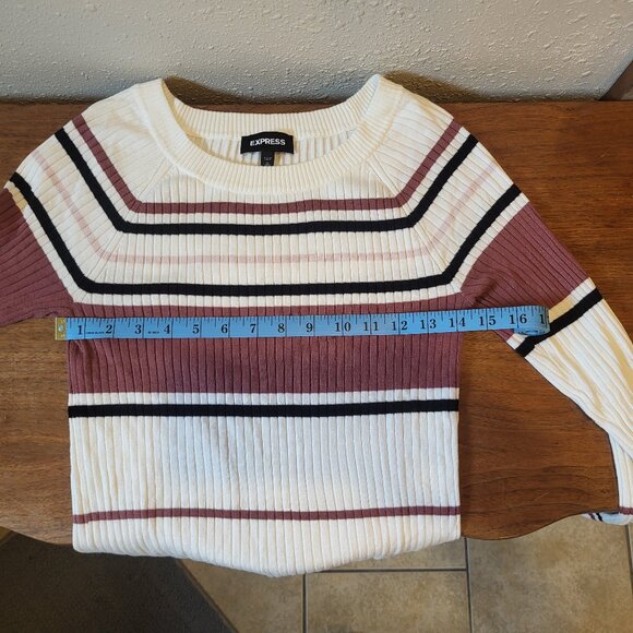 Women's Express long sleeve striped, white/black/mauve, pullover sweater. Medium - Picture 8 of 9